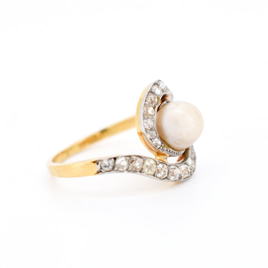 bague tourbillon belle époque or 18 carats platine perle et diamants, droite