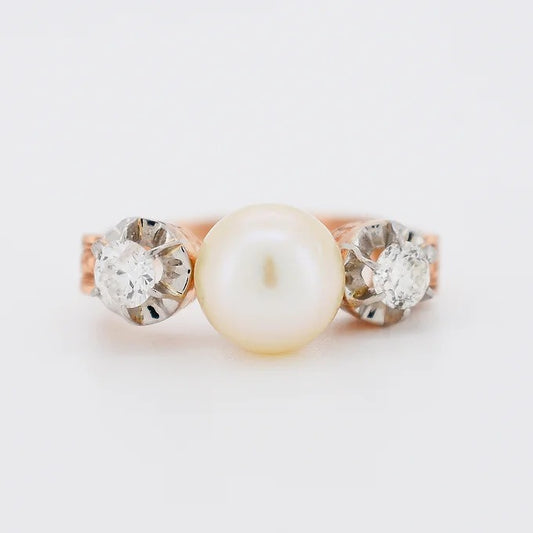 bague trilogie ancienne or diamants perle